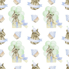 tapir birthday watercolor seamless pattern png