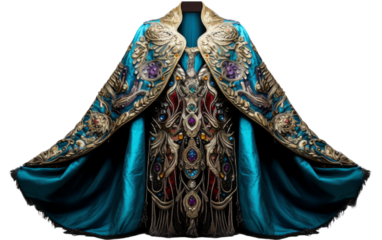 A luxurious cape with intricate golden embroidery and jewels