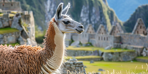 Llama (Lama glama) in front of Machu Picchu, Aguas Calientes near Cusco, Andes, Peru
