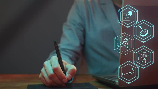 Concept of planning to achieve a goal step by step. A person works with gadgets against the background of which there are icons representing the process of activity. Cg