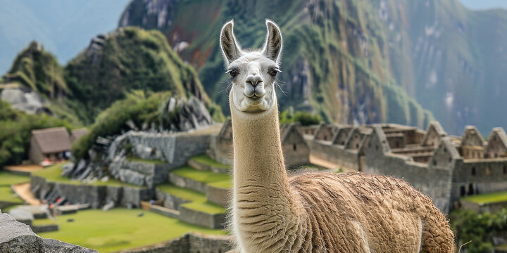Llama (Lama glama) in front of Machu Picchu, Aguas Calientes near Cusco, Andes, Peru