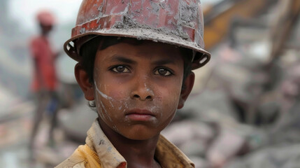 Indian boy in a dirty red construction helmet, against the background of a garbage heap, world day against child labour