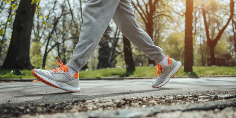 legs of a man in gray sweatpants and orange sneakers jogging in the morning park in spring - obrazy, fototapety, plakaty