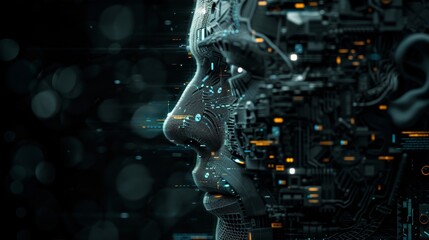 A humanoid figure merges seamlessly with digital and architectural motifs, epitomizing the integration of technology and humanity.
