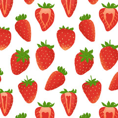 Seamless pattern with ripe strawberries. Fresh berries, whole and cut in half from different angles. Vector illustration on a transparent background.