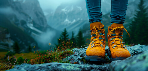 Feet in brown boots, a view of the beautiful mountains, leather boots, a path strewn with stones. The concept of travel is the image on the banner. - obrazy, fototapety, plakaty