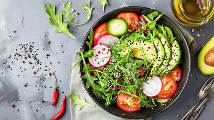 Fresh vegetable salad in a bowl with avocado slices. Overhead shot of a rustic bowl filled with a colorful salad made with fresh vegetables, drizzled with olive oil