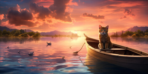 A serene scene depicting a beautiful girl and a cat sitting together in a boat on a tranquil river, admiring the vibrant sunset with a backdrop of a picturesque sky filled with colorful birds and sky.