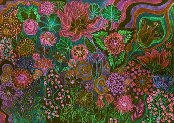 Psychedelic garden with butterflies and flowers. The dabbing technique near the edges gives a soft focus effect due to the altered surface roughness of the paper. - 774801939