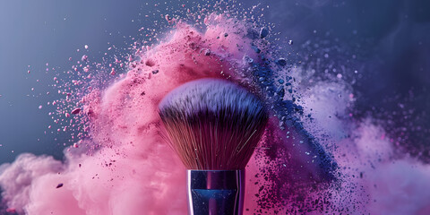 Makeup brush with pink and purple powder explosion on a dark background. High-speed photography with dynamic color splash. Cosmetic and beauty concept for design and advertisement