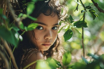 Portrait of a beautiful little girl in a forest. Beauty, fashion.