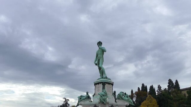 Bronze cast of David facing Florence from center of square. Piazzale Michelangelo (Michelangelo Square) is square with panoramic view of Florence, Italy, located in Oltrarno district of city.