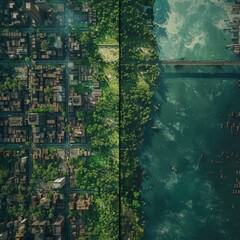 Aerial view of a dystopian city divided by trash plastic and a green river, environment theme concept