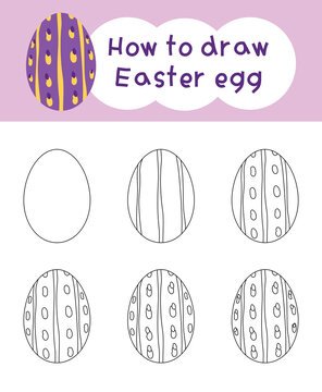 How to draw easter egg cartoon step by step for kid book, spring, coloring book and education