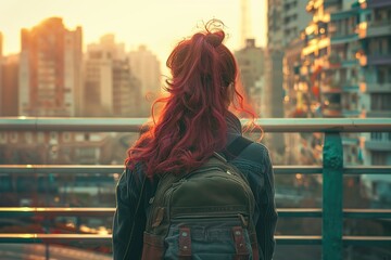 Fototapeta na wymiar Red-Haired Woman Walking Down the Street