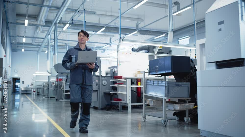 Leinwandbilder electronics production factory: confident asian male walking next to manufacturing machines and usin