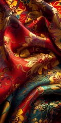 A luxurious silk fabric texture, with intricate patterns and vibrant colors that reflect the rich aesthetic of the Far Eastern lands created with Generative AI Technology