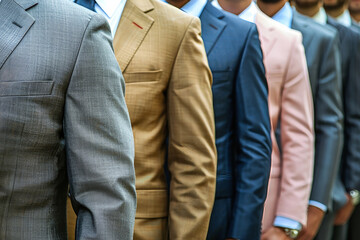 A group of office workers in tailored suits standing closely together in a formal setting - obrazy, fototapety, plakaty