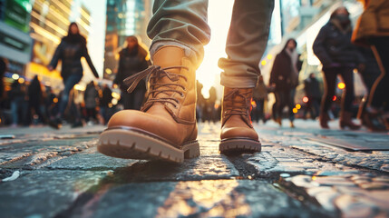 A man in boots walking alongside a group of people on a city sidewalk surrounded by tall buildings - obrazy, fototapety, plakaty