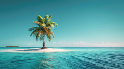 Fototapeta na wymiar A serene tropical scene with a single, lush palm tree standing on a small, white sandy islet - AI Generated Digital Art