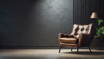 Living room with leather armchair on empty dark blue wall background - obrazy, fototapety, plakaty