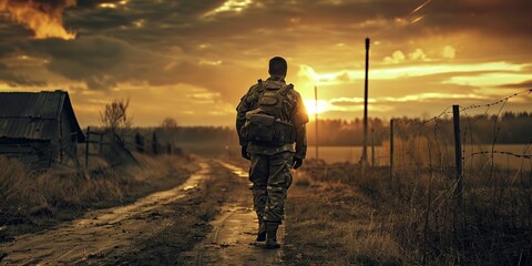 Soldier Walking Down Dirt Road at Sunset