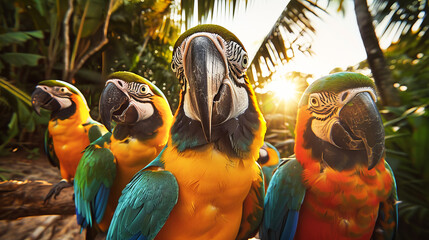 A group of vibrant parrots standing side by side in a colorful display of feathers
