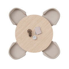 Overhead view of dining set with a wooden table and beige chairs. Round table on transparent background. Cut out furniture. Top view. Flat lay, floor plan elements. 3D rendering.