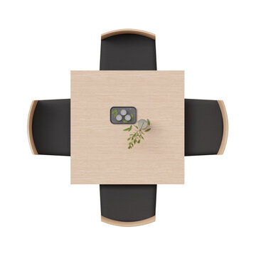 Overhead view of dining set with a wooden table and black chairs. Square, small table on transparent background. Cut out furniture. Top view. Flat lay, floor plan elements. 3D rendering.
