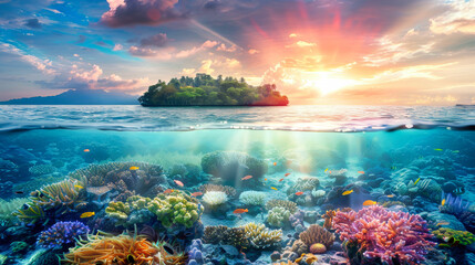 A vibrant painting capturing the beauty of a sunset over a tropical coral reef, displaying colorful fish and intricate coral formations