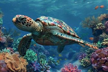 Turtle Swimming Amongst Coral in Large Aquarium