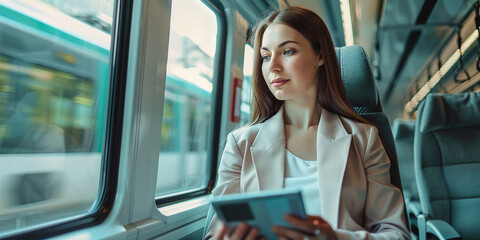 young business woman goes to a business meeting while sitting in a high-speed train