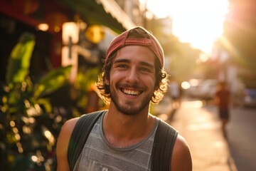 Portrait of a handsome young man smiling in the streets at sunset - obrazy, fototapety, plakaty