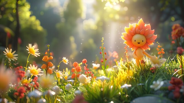 A joyful flower character with a radiant smile surrounded by a lively garden basks in the warm, golden sunlight.