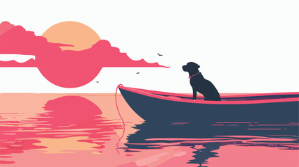 Dog on a pink boat at sunset flat vector