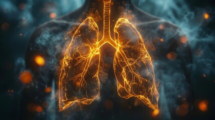 Lung cancer cells proliferate uncontrollably, invading healthy tissue and obstructing airways, leading to respiratory distress and systemic complications.
 - obrazy, fototapety, plakaty