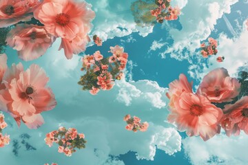 Fototapeta na wymiar Floral pattern inspired by vibrant gardens, featuring floating islands adorned with lush, sky-blue and pink blossoms contrasting against a backdrop of an idyllic created with Generative AI Technology