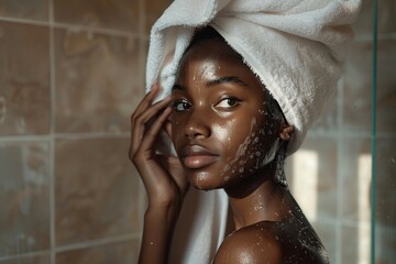 young black woman with a towel around her neck is drying her face.