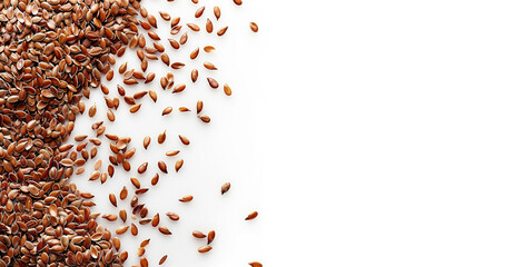 Flax seeds isolated on white background. Scatter of linseeds close-up. Banner copy space. Generative AI