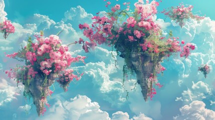 Floral pattern inspired by vibrant gardens, featuring floating islands adorned with lush, sky-blue and pink blossoms contrasting against a backdrop of an idyllic created with Generative AI Technology