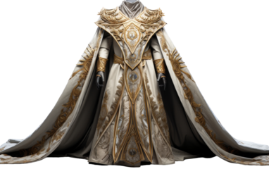 A stunning white and gold gown with a flowing long cape, exuding elegance and grace