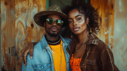 An Afro-American couple stands confidently, exhibiting street style and hip-hop fashion against a rustic urban backdrop. Perfect for modern lifestyle and culture themes.