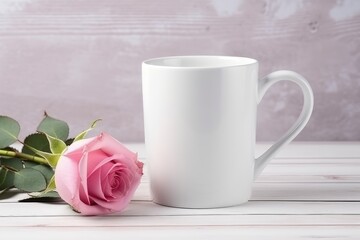 A simplistic setting featuring a white coffee mug next to a delicate pink rose lying on a wooden surface, portraying a peaceful moment.