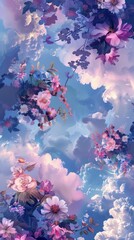 Fototapeta na wymiar Floral pattern inspired by vibrant gardens, featuring floating islands adorned with lush, sky-blue and pink blossoms contrasting against a backdrop of an idyllic created with Generative AI Technology