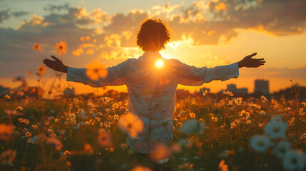 Person with open arms standing in a blooming field at sunset, expressing freedom and happiness.