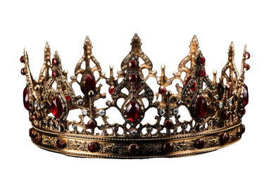 A majestic gold crown adorned with vibrant red stones symbolizing royalty and luxury