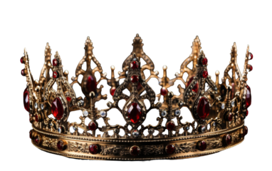 A majestic gold crown adorned with vibrant red stones symbolizing royalty and luxury