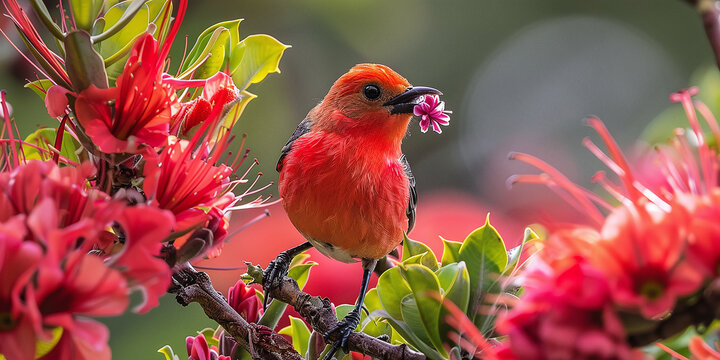 The I'iwi is an endemic bird of the Hawaiian Islands. This honeycreeper feeds on Mamane blossoms in Hosmer Grove at high elevation on Maui