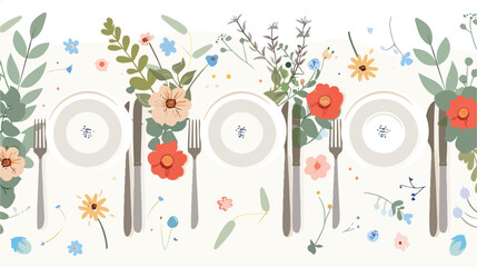 Festive table setting with beautiful flowers flat lay