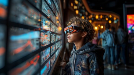 Fototapeta premium A young child wears virtual reality glasses, engaged with an interactive screen map at a modern museum exhibit.